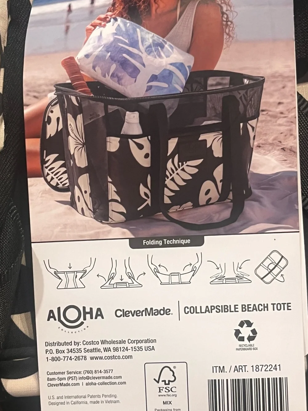 NWT Aloha Collection CleverMade Collapsible Beach Tote Bag Fold Flat Mesh Black